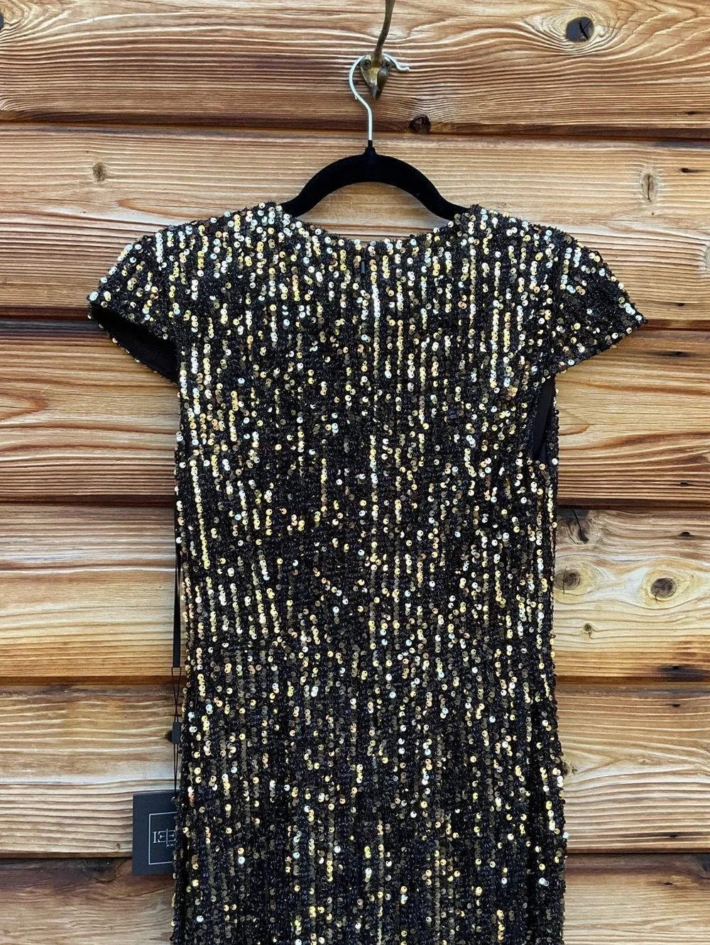 Mac Duggal Black Gold Sequin Cap Sleeve Gown Dress Size 4 - Picture 13 of 14